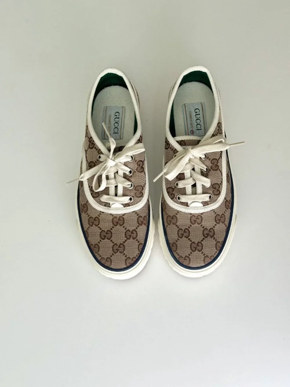 Women's GUCCI GG Logo Brown Canvas Tennis 1977 Platform Sneakers Size 37 - Picture 3 of 12